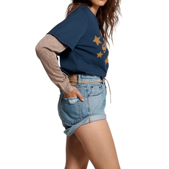 One Teaspoon Pacifica WA Bandits Blue Jean Shorts with Tan Belt Style 22964 NWT - Picture 2 of 10